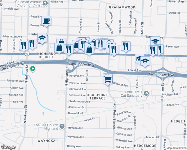 map of restaurants, bars, coffee shops, grocery stores, and more near 3634 Autumn in Memphis
