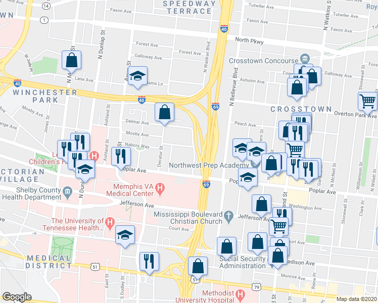 map of restaurants, bars, coffee shops, grocery stores, and more near 241 North Waldran Boulevard in Memphis