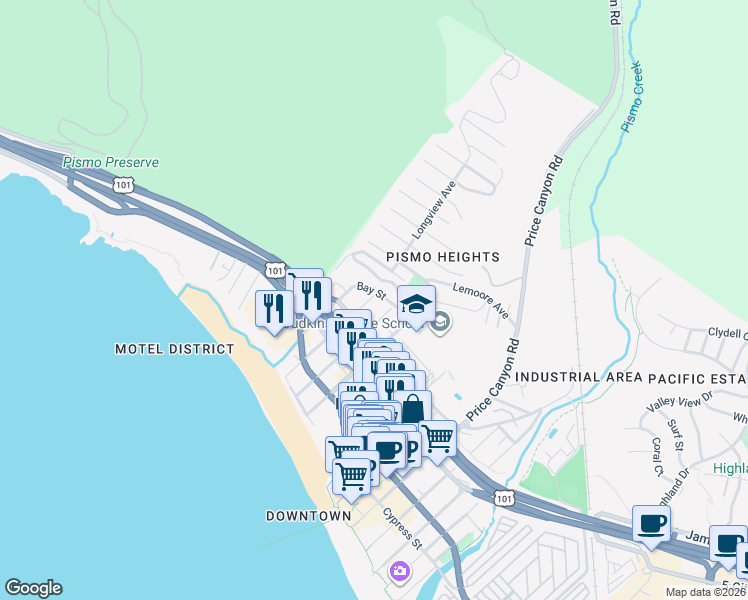 map of restaurants, bars, coffee shops, grocery stores, and more near 572 Harloe Avenue in Pismo Beach