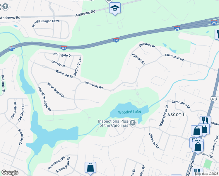 map of restaurants, bars, coffee shops, grocery stores, and more near 420 Shawcroft Road in Fayetteville