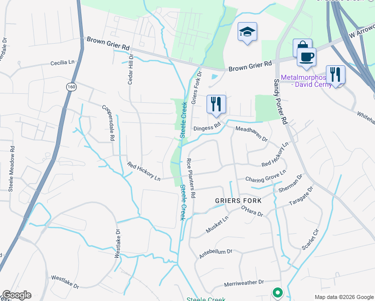 map of restaurants, bars, coffee shops, grocery stores, and more near 1922 Rice Planters Road in Charlotte