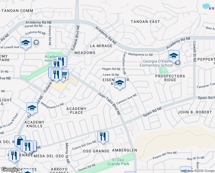 map of restaurants, bars, coffee shops, grocery stores, and more near 5732 Bartonwood Place Northeast in Albuquerque