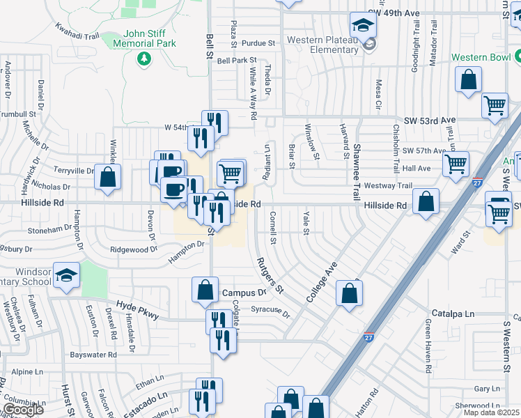 map of restaurants, bars, coffee shops, grocery stores, and more near 6001 Rutgers Street in Amarillo
