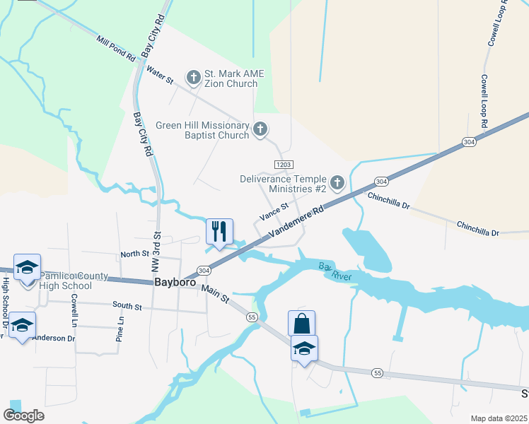 map of restaurants, bars, coffee shops, grocery stores, and more near 406 Vance Street in Bayboro
