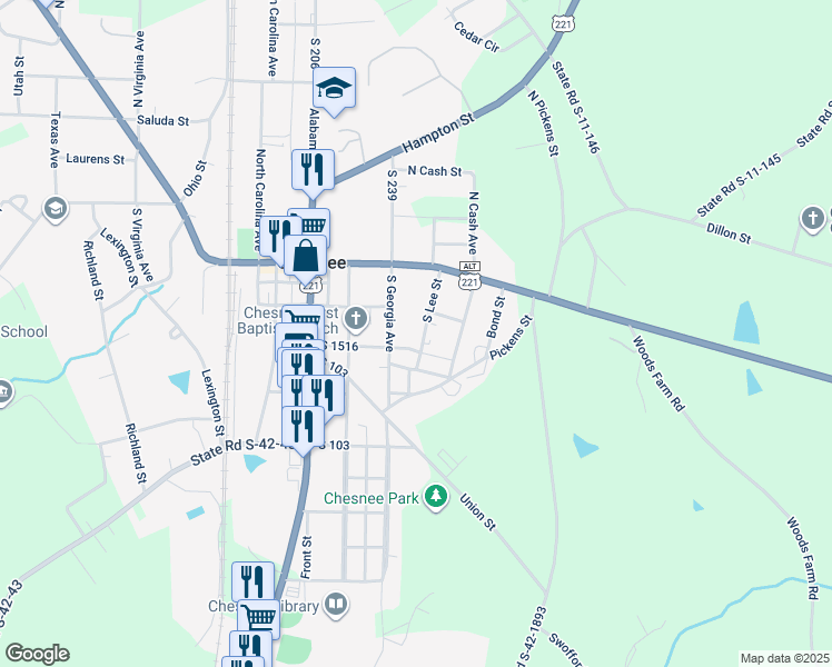 map of restaurants, bars, coffee shops, grocery stores, and more near 208 South Lee Street in Chesnee