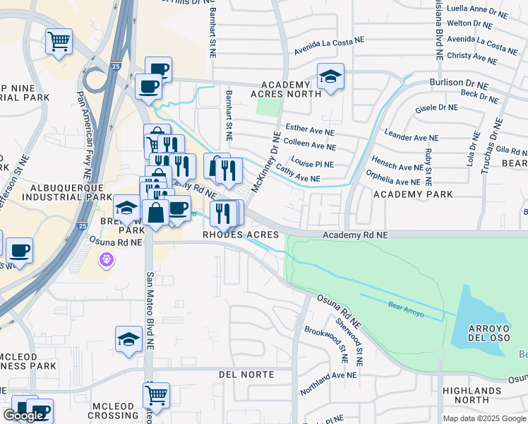 map of restaurants, bars, coffee shops, grocery stores, and more near 6401 Academy Road Northeast in Albuquerque