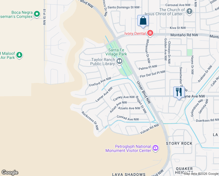 map of restaurants, bars, coffee shops, grocery stores, and more near 6729 Lamar Avenue Northwest in Albuquerque