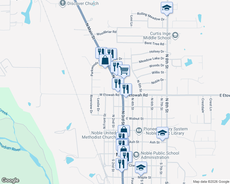 map of restaurants, bars, coffee shops, grocery stores, and more near 107 West Etowah Road in Noble