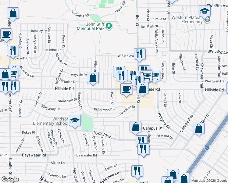 map of restaurants, bars, coffee shops, grocery stores, and more near 6001 Devon Drive in Amarillo