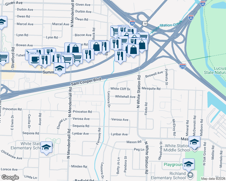 map of restaurants, bars, coffee shops, grocery stores, and more near 5103 White Cliff Drive in Memphis