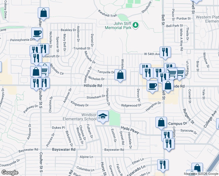 map of restaurants, bars, coffee shops, grocery stores, and more near 6406 Hampton Drive in Amarillo