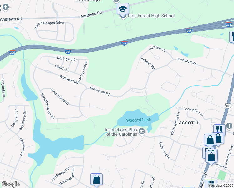map of restaurants, bars, coffee shops, grocery stores, and more near 420 Shawcroft Road in Fayetteville