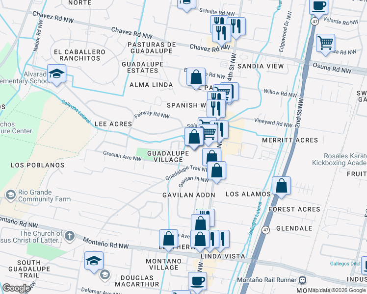 map of restaurants, bars, coffee shops, grocery stores, and more near 500 Círculo Gallegos Northwest in Albuquerque