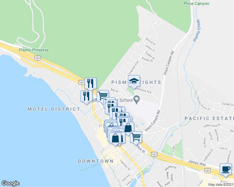 map of restaurants, bars, coffee shops, grocery stores, and more near 572 Harloe Avenue in Pismo Beach