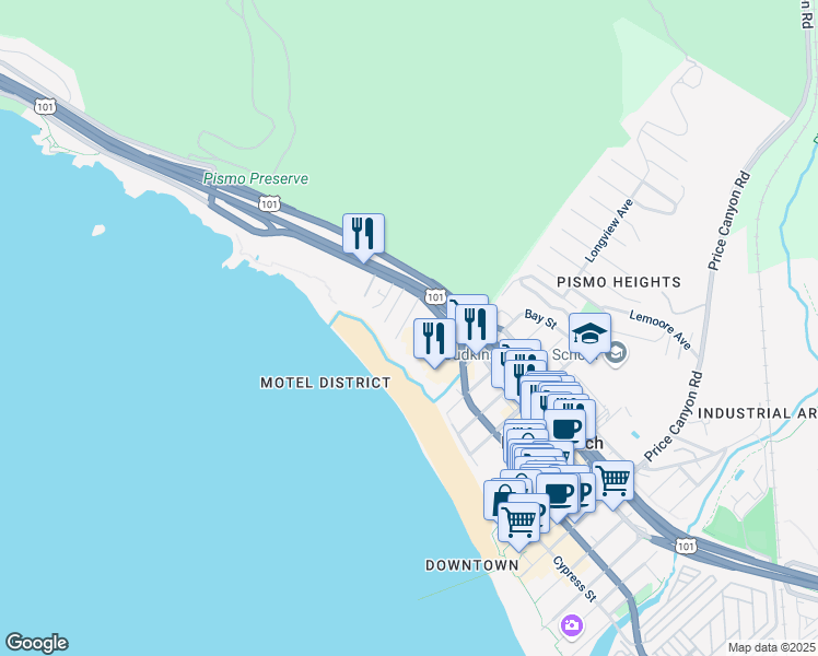 map of restaurants, bars, coffee shops, grocery stores, and more near 1751 Price Street in Pismo Beach