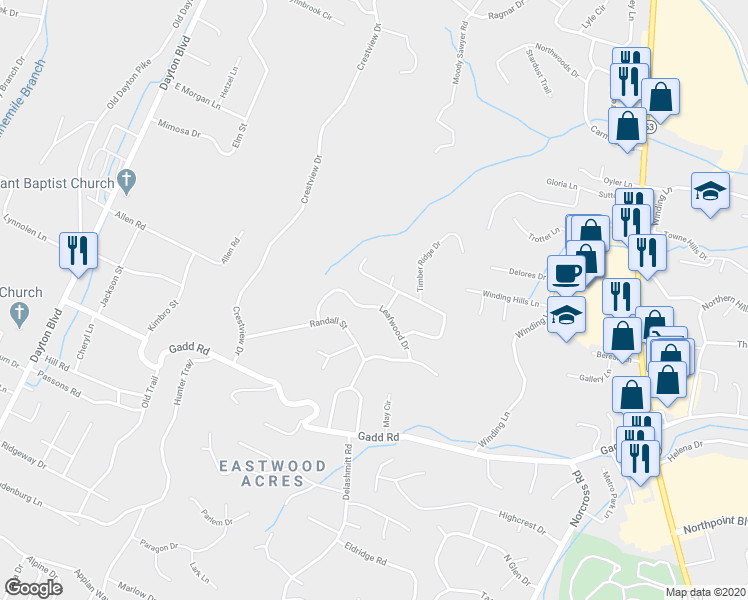 map of restaurants, bars, coffee shops, grocery stores, and more near 545 Leafwood Drive in Chattanooga