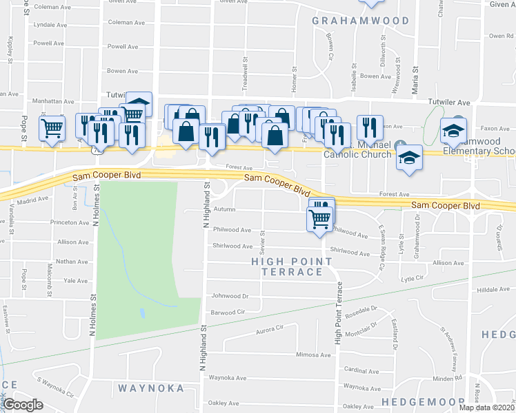 map of restaurants, bars, coffee shops, grocery stores, and more near 3590 Autumn in Memphis