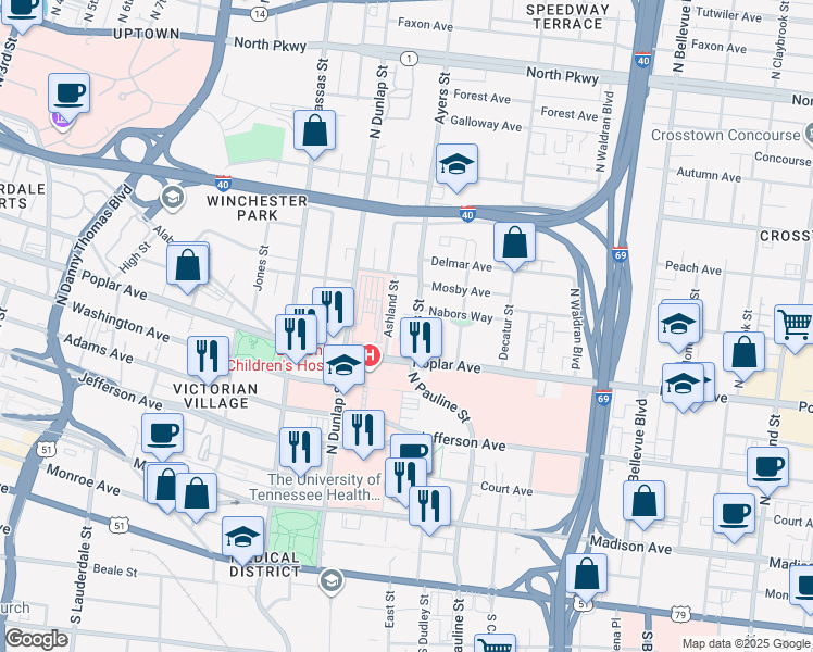 map of restaurants, bars, coffee shops, grocery stores, and more near 221 Ayers Street in Memphis