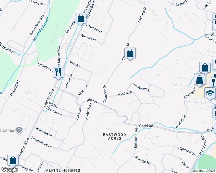 map of restaurants, bars, coffee shops, grocery stores, and more near 5436 Crestview Drive in Chattanooga