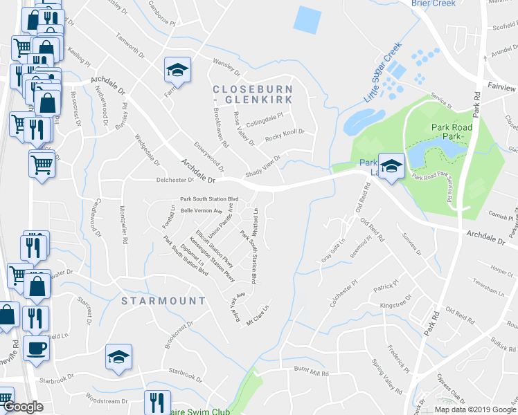 map of restaurants, bars, coffee shops, grocery stores, and more near 2215 Whitford Lane in Charlotte