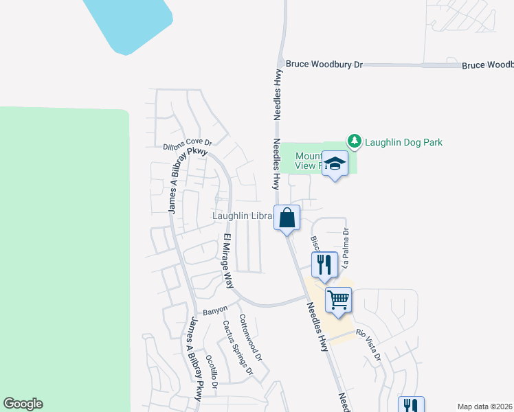 map of restaurants, bars, coffee shops, grocery stores, and more near 2041 Hunt Woods Ct in Laughlin