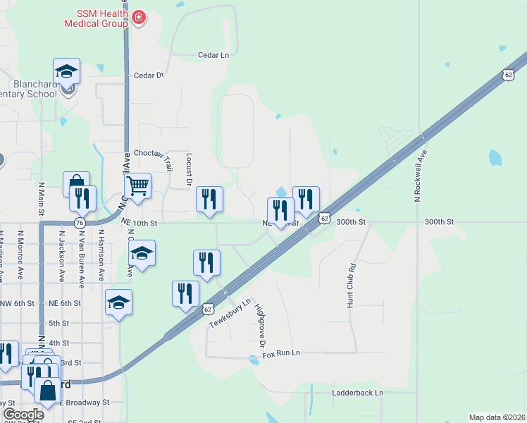 map of restaurants, bars, coffee shops, grocery stores, and more near 1060 Parrish Place in Blanchard