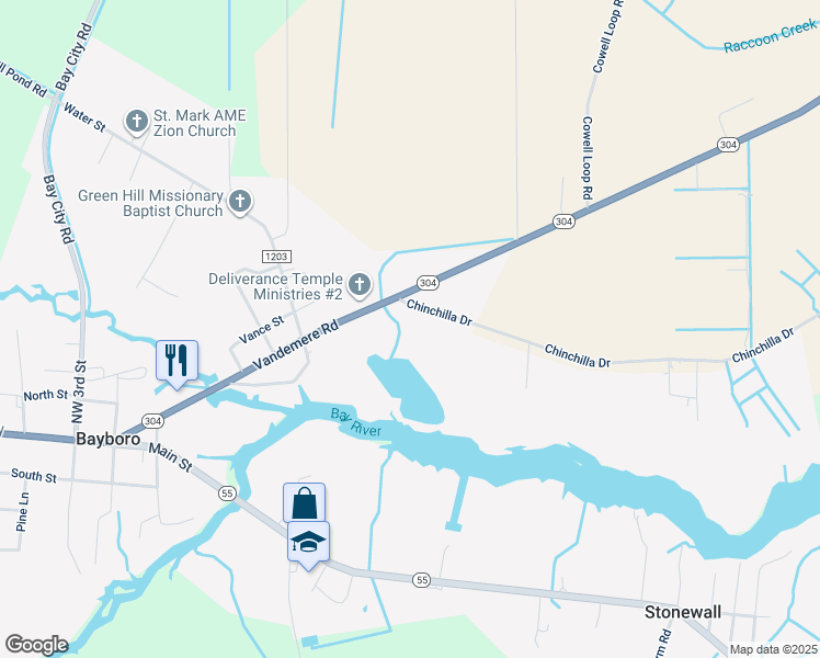 map of restaurants, bars, coffee shops, grocery stores, and more near 104 Chinchilla Drive in Bayboro