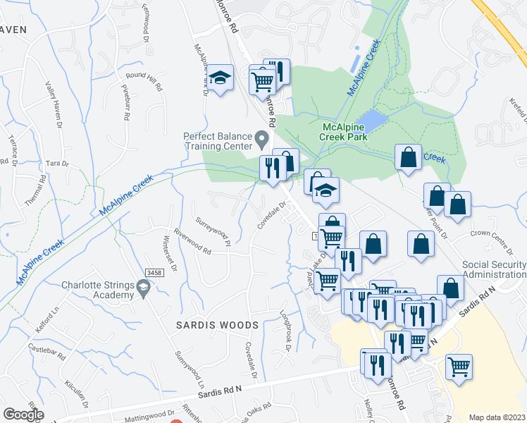 map of restaurants, bars, coffee shops, grocery stores, and more near 1091 Sardis Cove Drive in Charlotte