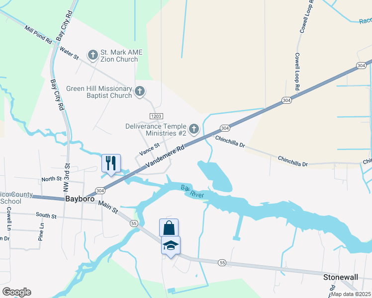 map of restaurants, bars, coffee shops, grocery stores, and more near 607 Vandemere Road in Bayboro