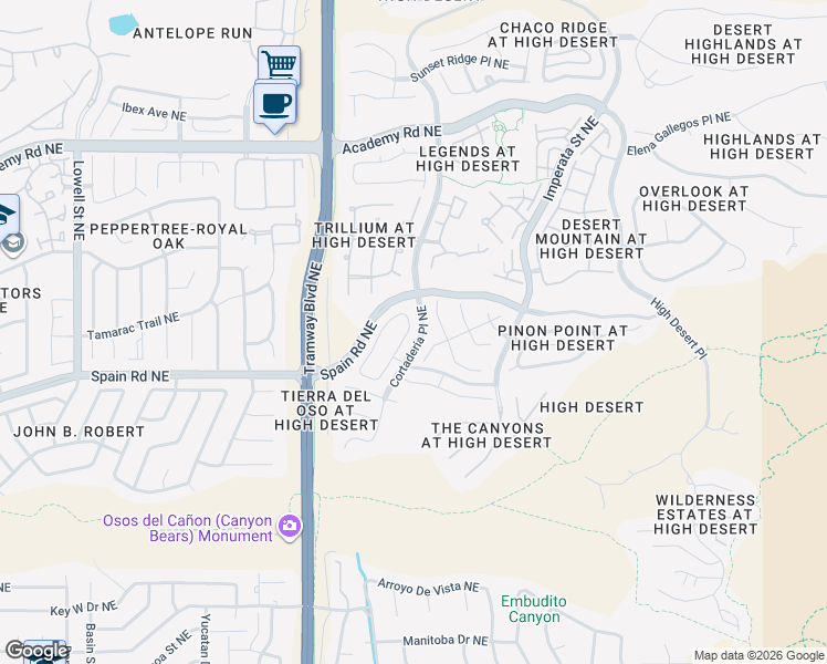 map of restaurants, bars, coffee shops, grocery stores, and more near 5800 Vulcan Vista Drive Northeast in Albuquerque