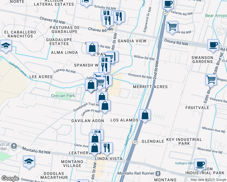 map of restaurants, bars, coffee shops, grocery stores, and more near 6126 4th Street Northwest in Los Ranchos de Albuquerque