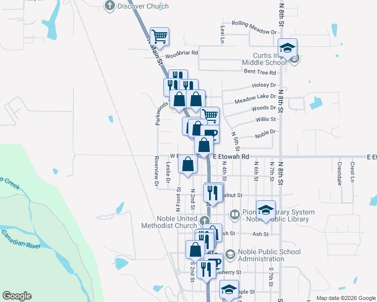 map of restaurants, bars, coffee shops, grocery stores, and more near 107 West Etowah Road in Noble