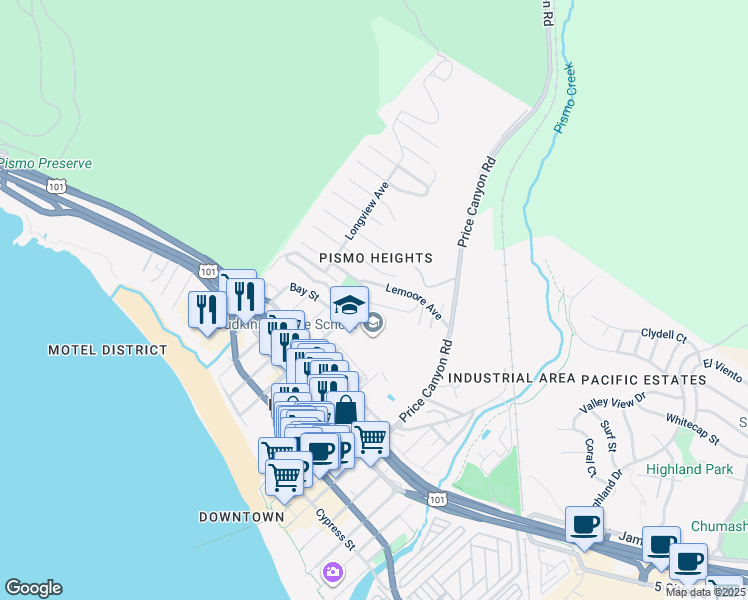 map of restaurants, bars, coffee shops, grocery stores, and more near 700 Hanford Street in Pismo Beach