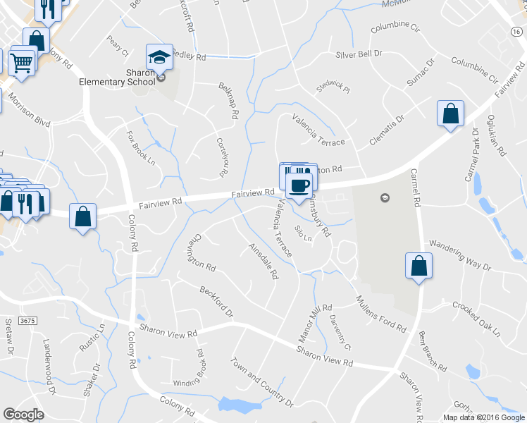 map of restaurants, bars, coffee shops, grocery stores, and more near 3417 Chevington Road in Charlotte