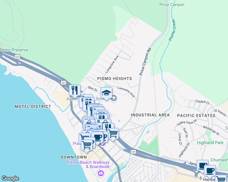 map of restaurants, bars, coffee shops, grocery stores, and more near 700 Hanford Street in Pismo Beach