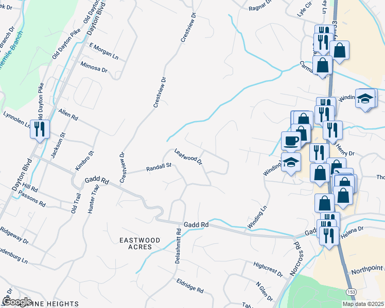 map of restaurants, bars, coffee shops, grocery stores, and more near 545 Leafwood Drive in Chattanooga