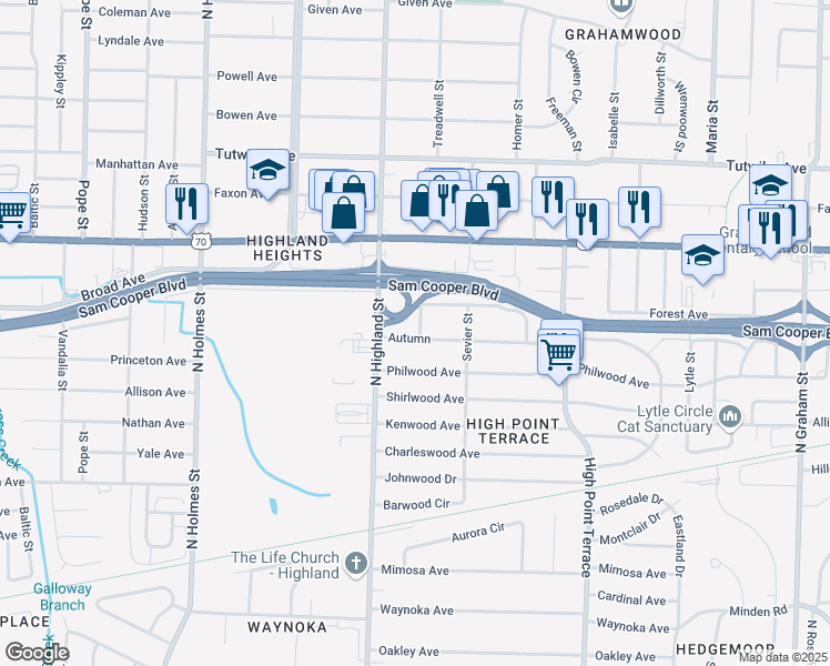 map of restaurants, bars, coffee shops, grocery stores, and more near 3540 Autumn in Memphis