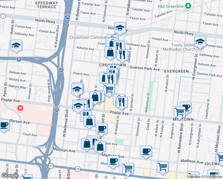 map of restaurants, bars, coffee shops, grocery stores, and more near 282 North Cleveland Street in Memphis