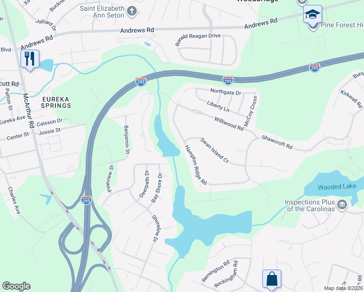 map of restaurants, bars, coffee shops, grocery stores, and more near 3105 Hampton Ridge Road in Fayetteville