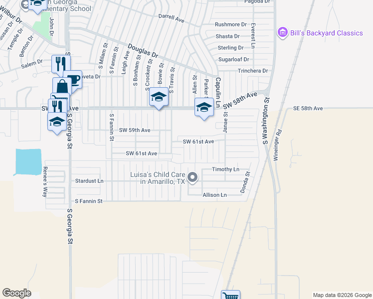 map of restaurants, bars, coffee shops, grocery stores, and more near 6104 McKay Court in Amarillo