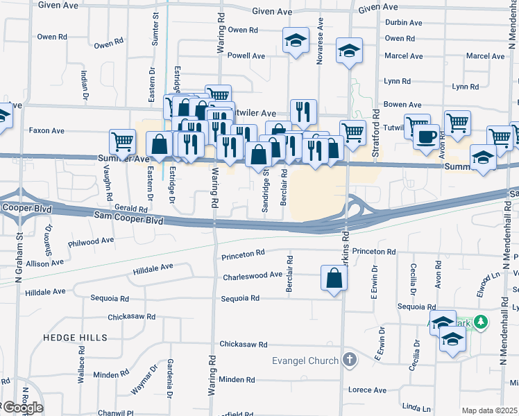 map of restaurants, bars, coffee shops, grocery stores, and more near 555 Sandridge Street in Memphis