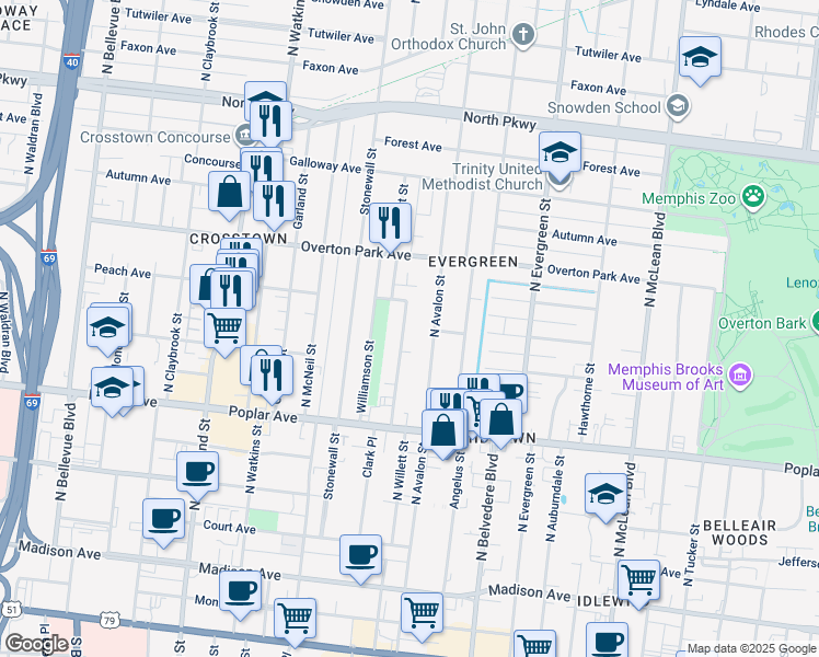 map of restaurants, bars, coffee shops, grocery stores, and more near 306 North Willett Street in Memphis