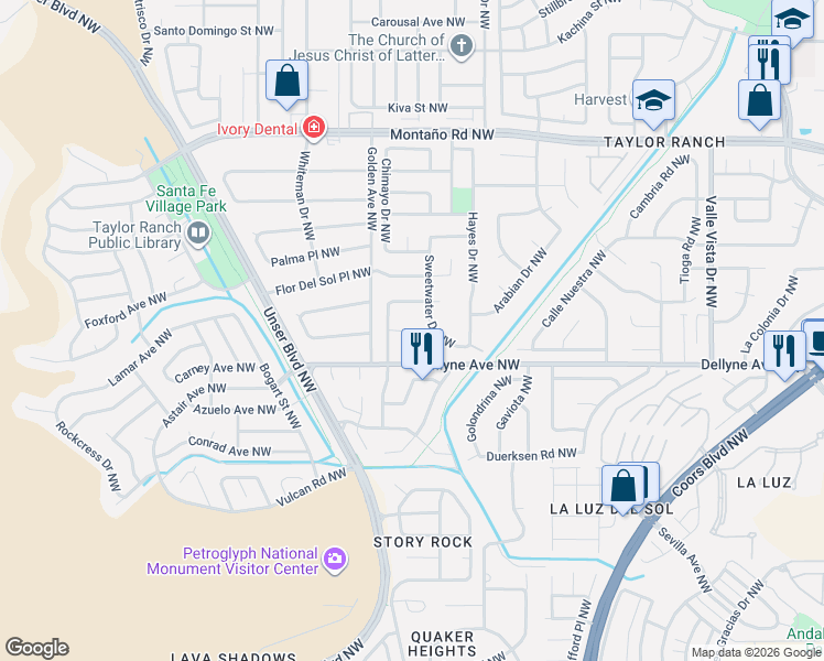 map of restaurants, bars, coffee shops, grocery stores, and more near 5232 Saratoga Court Northwest in Albuquerque