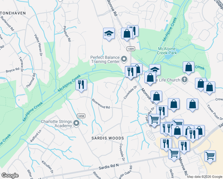 map of restaurants, bars, coffee shops, grocery stores, and more near 9023 McAlpine Cove Court in Charlotte