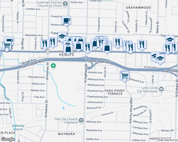 map of restaurants, bars, coffee shops, grocery stores, and more near 532 North Highland Street in Memphis