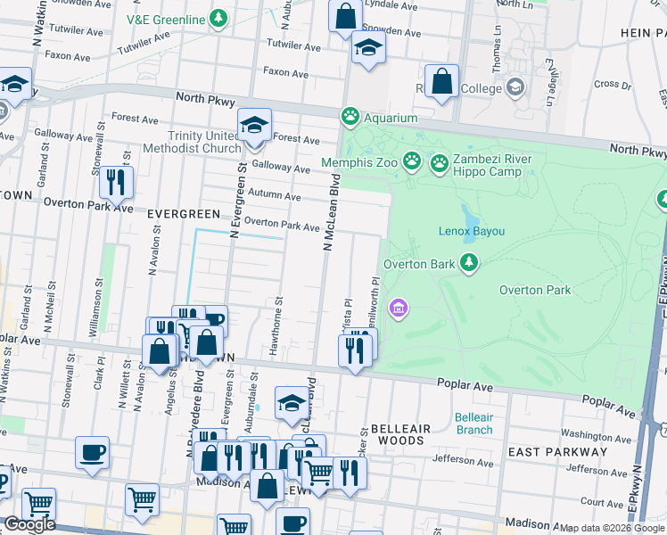 map of restaurants, bars, coffee shops, grocery stores, and more near 323 North McLean Boulevard in Memphis