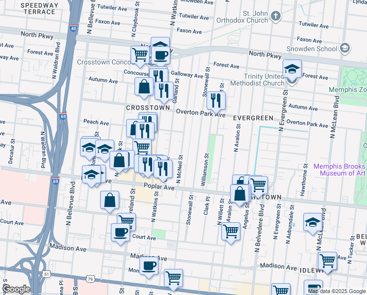 map of restaurants, bars, coffee shops, grocery stores, and more near 289 North McNeil Street in Memphis