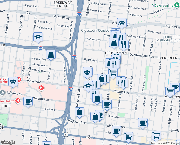 map of restaurants, bars, coffee shops, grocery stores, and more near 255 North Montgomery Street in Memphis