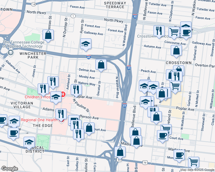 map of restaurants, bars, coffee shops, grocery stores, and more near 247 Cochran Place in Memphis