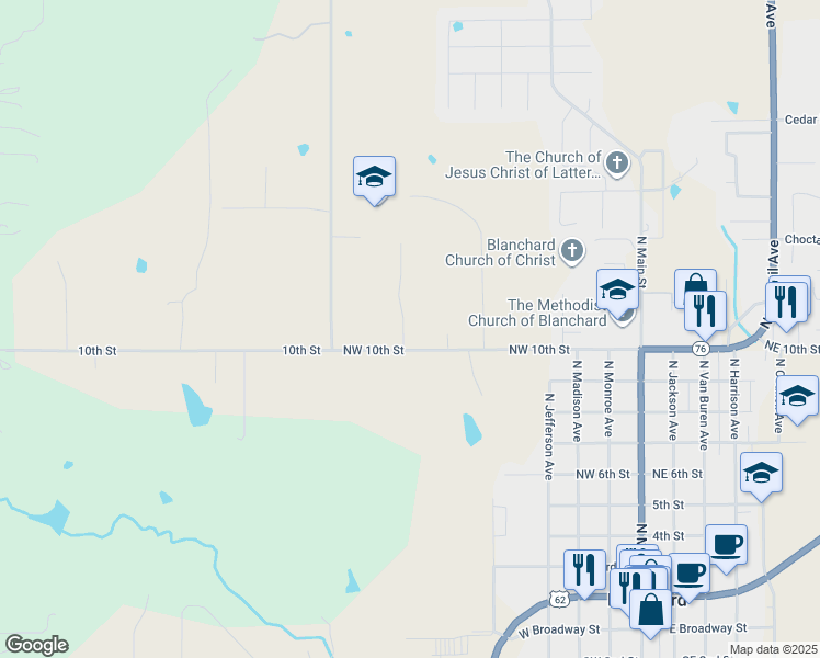 map of restaurants, bars, coffee shops, grocery stores, and more near 801 Northwest 10th Street in Blanchard